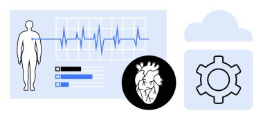 İnsan silueti, EKG grafiği, kalp diyagramı, ilerleme çubukları ve teçhizat bulut grafiği içinde. Sağlık verileri, kardiyoloji, tıbbi teknisyen, bulut çözümleri teşhis analizi için ideal