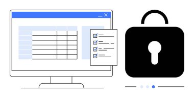 Bilgisayar ekranında bir veri tablosu, doğrulanmış eylemlerin bir listesi ve güvenli bir asma kilit var. Güvenlik, gizlilik, veri yönetimi, bilgi koruması, uyum, kimlik denetimi için ideal