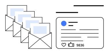Açık zarflarda, başparmakları, yorumları ve takipçi istatistikleri olan bir sosyal medya kartının yanı sıra mektuplar da yer alıyor. Pazarlama, e-posta kampanyaları, iletişim, ağ, teknoloji ve analitik için ideal