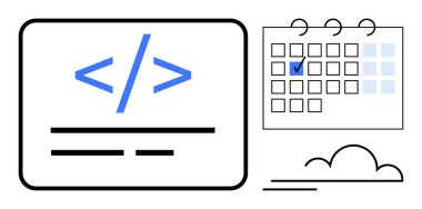 Bir ekranda kodlama etiketi, olay işaretli takvim ve bulut tasarımı. Kodlama, planlama, verimlilik, programlama, öğrenme organizasyonu takım çalışması için ideal. Asgari düz metafor