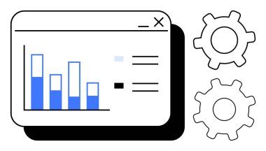 Analitik ve ayarları sembolize eden iki vites simgesi ile birlikte bir web arayüzünde gösterilen çubuk grafik istatistikleri. Veri analizi, teknoloji, yönetim, otomasyon, geliştirme, üretkenlik için ideal