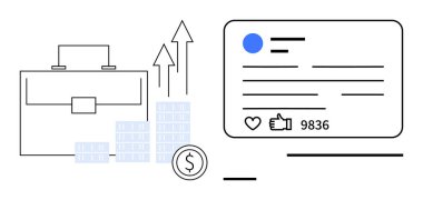 Evrak çantası, yukarı doğru oklu tablolar, maddi büyümeyi resmeden bozuk para ve olumlu yorumları olan bir sosyal medya kartı. Pazarlama, iş, analitik, ekonomi ve finans markalaşması için ideal