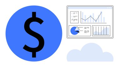 Mavi dolar işareti, analiz paneli, grafikler, bulut elementleri. Finans, iş büyümesi, veri yönetimi, yatırım stratejisi, ekonomik tahmin, teknoloji sade iniş için ideal