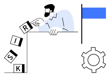 Risk bloklarını dengede tutan kişi problem çözmeyi sembolize ediyor. İşlem için vites, başarı için bayrak. Strateji, karar verme, risk yönetimi, takım çalışması, hedef belirleme liderliği için ideal