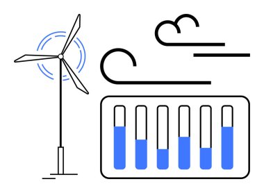 Rüzgar türbini, akü deposunun yanında rüzgar hatlarıyla enerji üretiyor. Sürdürülebilirlik, yenilenebilir enerji, yeşil teknoloji, elektrik deposu, iklim çözümleri, eko-girişimler için ideal