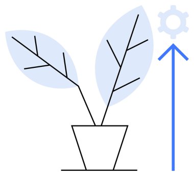 Minimalist saksı bitkisi, büyük yapraklı, yükselen ok ve dişli yenilik, gelişme ve ilerleme öneriyor. Büyüme, üretkenlik, strateji, yaratıcılık teknolojisi için ideal