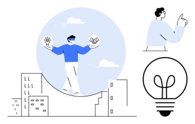 Şehir binaları ve kavramsal elementlerle çevrili, fikirler için bir ampul ve iletişim için el hareketi de dahil olmak üzere, işbirliği ve yenilikleri dengeleyen ince bir çizgide yürüyen bir insan. İdeal