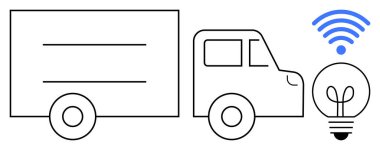 Basitleştirilmiş kamyon çizgisi parlayan ampul ve kablosuz sinyalle eşleştirilmiş. Lojistik, teknoloji, otomasyon, yenilik, akıllı sistemler, sürdürülebilir enerji, ulaşım teması için idealdir. Düz basit