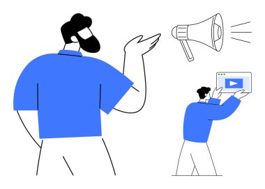 Biri megafona doğru hareket eden iki birey, diğeri ise bir video oynatıcı ikonu tutuyor. İletişim, strateji, takım çalışması, promosyon, içerik oluşturma, eğitim, basit iniş