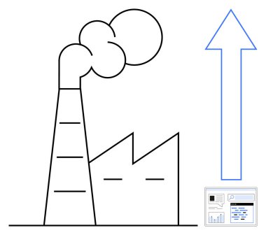Fabrika ana hatları yukarı doğru mavi ok ve analitik gösterge panelinin yanında duman yayıyor. Endüstriyel büyüme, üretim, sürdürülebilirlik, ilerleme, üretkenlik, yenilik, basit iniş için ideal