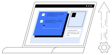 Laptop ekranında veri kartları, metin ve arayüz ögeleri gösterilir. Büyüme oku ve teçhizatı yenilik, üretkenlik, strateji, verimlilik, teknolojik gelişim iş büyümesini simgeler. Basit bir iniş için ideal.