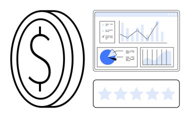Bozuk para sembolü, çizelge ve grafiklerle analitik gösterge paneli, müşteri değerlendirmesi yıldızları. Finans, analitik, müşteri geribildirimi, iş büyümesi, yatırım, basit iniş sayfalarının takibi için ideal