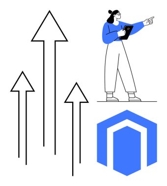 Tableti yukarı bakan kadın, büyümeyi temsil eden dört ok ve altı köşeli soyut element. İlerleme, strateji, liderlik, başarı, büyüme, yenilik için ideal basit bir iniş sayfası