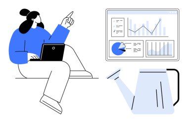 Bilgisayarda çalışan bir kadın grafik ve grafiklerle veri ekranını işaret ediyor. Yanında su bidonu var. Analiz, büyüme, strateji, eğitim, takım çalışması, üretkenlik, basit iniş sayfası için ideal