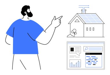 Güneş panelleri ve antenleri olan akıllı bir eve doğru hareket eden kişi, bir veri panelinin yanında. Teknoloji, çevre, sürdürülebilirlik, yenilik, enerji, otomasyon, basit iniş sayfası için ideal