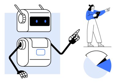 Veri görsellerine doğru büyük robot hareketleri. Tabletli bir kadın turta grafiklerini inceliyor. Yapay zeka, analiz, yenilik, takım çalışması, strateji, teknoloji, basit iniş sayfası için ideal