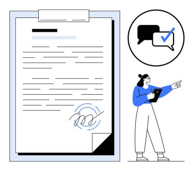 Kalın imzalı belge, işaretli yan balon ve elinde pano tutan kadın. Onay süreci, anlaşma, iş akışı, onay, iletişim, doğrulama için ideal