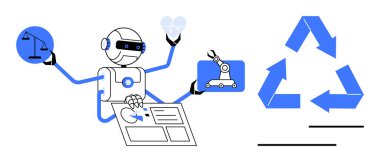Robot, adalet terazisi, robotik kol ve geri dönüşüm oklarının yanında arayüzle birden fazla iş yapıyor. Sürdürülebilirlik, yapay zeka, teknoloji entegrasyonu, otomasyon, etik, yenilik için ideal