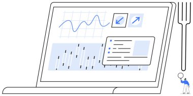 Laptop ekranında analitik grafikler, çizgi grafikleri ve yanında duran küçük bir kişinin bulunduğu kontrol paneli elemanları gösteriliyor. Teknoloji, veri, araştırma, analitik, iş ve finans için ideal
