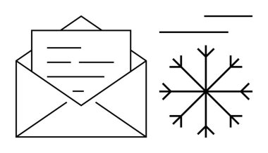 Yanında bir mektup ve kar tanesi ikonu olan zarf, kış mesajları, tatil postaları veya mevsimsel güncellemeleri temsil ediyor. İletişim için ideal, tebrik kartları, tatiller, kış temaları, yazışmalar