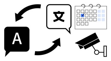 Oklu İngilizce 'den yabancı dile çeviri, işaretlenmiş tarihi belirlemek için takvim ve güvenlik kamerası. Teknoloji, görevler, zaman yönetimi, iletişim, güvenlik, sistem için ideal