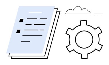 Kontrol listeli kağıt yığını, süreç optimizasyonunu temsil eden teçhizat ve dijital çözümleri vurgulayan bulut. İş akışı yönetimi, otomasyon, üretkenlik, yenilik ve proje için ideal