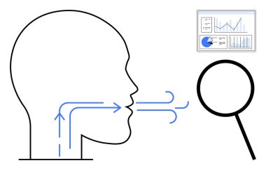Bir büyüteç ve veri tablosu eşliğinde, hava akışı yönünü gösteren insan kafasının profili. Biyoloji, sağlık, bilim eğitimi, araştırma, analiz, sunum, basit iniş için ideal