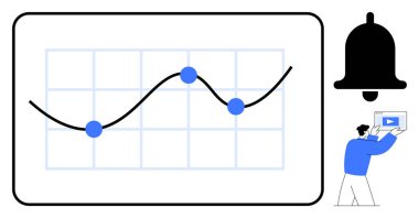 Şebekede noktaları olan dalgalı çizgi grafiği, bildirim çanı simgesi, tabletteki içeriği gören mavili kişi. Analiz, istatistik, trend, bildirim, çevrimiçi içerik ve basit iniş için ideal