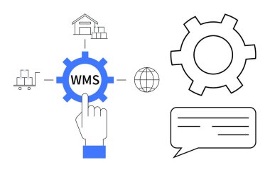 WMS mesajı, işaret eden el, depo, araba, dünya çizgisi ve konuşma baloncuğu. Lojistik, otomasyon, tedarik zinciri envanteri e-ticaret verimliliği için ideal basit iniş sayfası