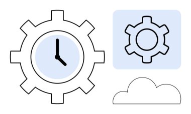 Zaman ve verimliliği gösteren saat, dijital depolamayı veya yeniliği gösteren bulut. Zaman yönetimi, iş akışı optimizasyonu, otomasyon, bulut hesaplaması, üretkenlik için ideal