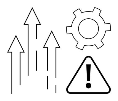 Büyümeyi temsil eden yukarı oklar, işlem optimizasyonunu gösteren dişliler ve dikkat işareti. Ticari büyüme, yenilik, kalkınma stratejisi, risk yönetimi, verimlilik için ideal