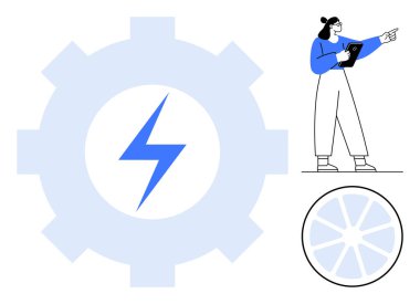 Yanında yıldırım sembolü ve tekerlek bileşeni olan tablet kullanan bir kadın. Proje yönetimi, yenilik, teknoloji, takım çalışması, liderlik, üretkenlik, basit iniş sayfası için ideal