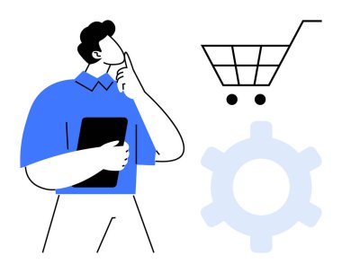 Tablet tutan adam, alışveriş arabasının ve vites simgelerinin yanında derin düşüncelere dalmış. Perakende satış, karar verme, teknoloji, e-ticaret, planlama, yenilikçi kullanıcı deneyimi için idealdir. Düz basit metafor