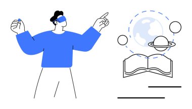 VR kulaklıklı kişi açık bir kitabın üstündeki sanal güneş sistemine bakıyor, öğrenme sergiliyor. Eğitim, teknoloji, yenilik, astronomi, dijital araçlar, artırılmış gerçeklik, çevrimiçi için ideal