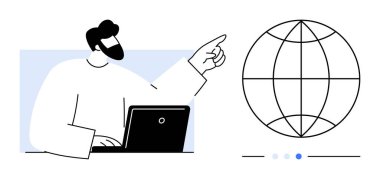 Bir dizüstü bilgisayarla oturan kişi, bir küreye doğru uzanan bir kol. Teknoloji, küresel ağ, eğitim, takım çalışması, iş stratejisi, çevrimiçi kaynaklar, basit iniş sayfası için ideal