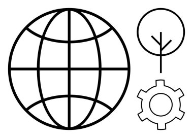 Küre küresel erişimi, sürdürülebilirlik için ağacı ve teknoloji ve yenilik için teçhizatı sembolize eder. Çevre, ağ oluşturma, iş büyümesi, kurumsal strateji, teknolojik ilerleme, küresel