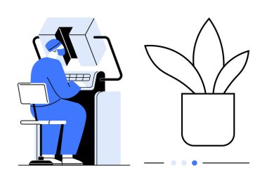 Bilgisayarda soyut arayüzü, ergonomik koltuğu, saksı bitkisi olan biri. İş yeri tasarımı, verimlilik, teknoloji, öğrenme, odaklanma, uzaktan iniş sayfası için ideal