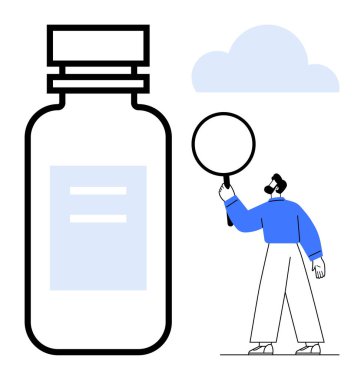 Adam, bulutun altında, uzun bir ilaç şişesinin yanında büyüteç tutuyor. Araştırma, sağlık, ilaç, teftiş, ilaç analizi, ürün incelemesi, basit iniş sayfası için ideal