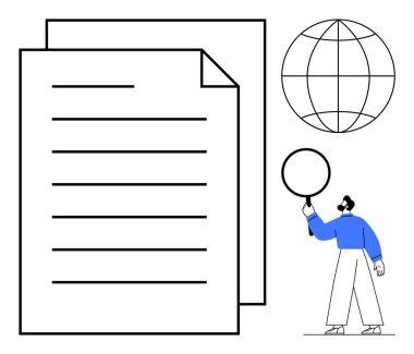 Kağıt çarşaflar, yazı, küre simgesi ve elinde büyüteç tutan biri. Eğitim, küreselleşme, araştırma, analiz, veri incelemesi için ideal iş bilgisi büyümesi basit iniş sayfası