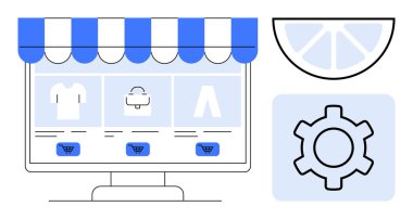 Alışveriş arabası simgeleri ve ürün seçenekleriyle birlikte dijital bir mağaza önü gösteren masaüstü ekranı. Özelleştirme ve soyut dilimler için ekipman içerir. E-ticaret, perakende, teknoloji için ideal.