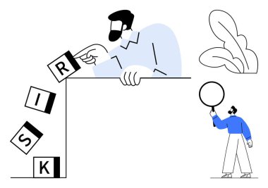 RISK etiketli düşen blokları durduran bir erkek figürü ve dairesel bir fikri dengeleyen bir başkası. Sorun çözme, risk yönetimi, karar verme, takım çalışması, fikirler, yenilik, basit iniş sayfası için ideal