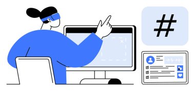 Sosyal medya uzmanı bilgisayardaki analizleri izliyor, izleyici profillerini izliyor, eğilimlerle etkileşimde bulunuyor. Dijital pazarlama, sanal araçlar, strateji, markalaşma, teknoloji ve yenilik için ideal