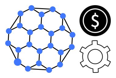 Birbirine bağlı mavi ağ yapısı, dolar parası ve teçhizat teknoloji, ekonomi ve yeniliği simgeliyor. Engelleme zinciri, finans, veri, büyüme geliştirme bağlantıları için idealdir basit iniş