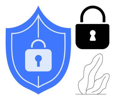 Mavi kalkanda asma kilit, standalon siyah asma kilit ve soyut bitki elementi var. Güvenlik, koruma, siber güvenlik, veri gizliliği, güven, güvenilirlik için ideal basit bir iniş sayfası