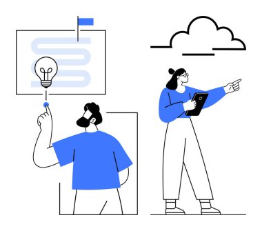 Profesyoneller ampul ve yol ile beyin fırtınası yapıyorlar, teknolojiyi kullanıyorlar ve yenilikçi fikirleri tartışıyorlar. Yaratıcılık, takım çalışması, işbirliği, problem çözme, strateji, beyin fırtınası için ideal