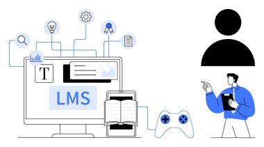Simgelere bağlı LMS panelini gösteren bilgisayar ekranı onay sertifikası, ampul, belge ve denetleyici. Eğitmen bileşenleri işaret ediyor. Eğitim, eğitim ve internet için ideal