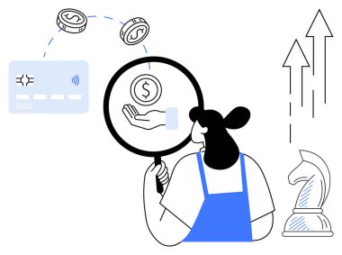Finansal işlemleri, paraları, kredi kartlarını ve yükselen okları değerlendirmek için büyüteç kullanan bir kadın. Finans, strateji, yatırım, büyüme, ödeme analizi ve karar verme süreci için ideal