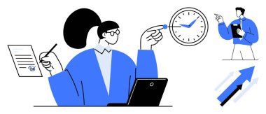 Dokümanları inceleyen profesyonel bir kadın, laptop açık, saat ve zaman yönetimini gösteren yukarı doğru oklar. Üretkenlik, iş hayatı dengesi, teslim tarihi planlaması, organizasyon, kişisel büyüme için ideal