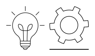 Ampul ve teçhizat minimum çizgi sanatı, fikirleri, yaratıcılığı, mekaniği, teknolojiyi ve problem çözmeyi sembolize eder. Yenilik, takım çalışması, beyin fırtınası mühendisliği verimlilik tasarımı için ideal