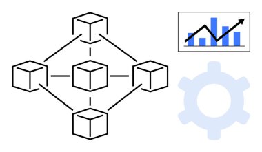 Birbirine bağlı blockchain küpleri, analitik, başarı ve veri optimizasyonu için mekanizma ve büyüme grafiği ile eşleştirilmiş merkezi olmayan sistemleri gösteriyor. Teknoloji için ideal, engelleme zinciri